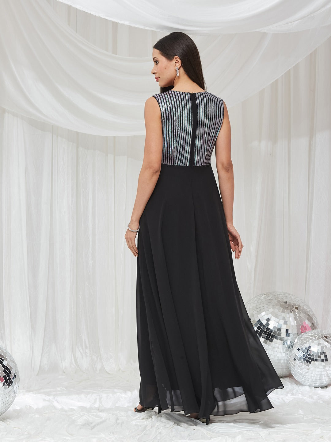 Black V-Neck Sleeveless Embellished Wrap Maxi Georgette Dress for Women