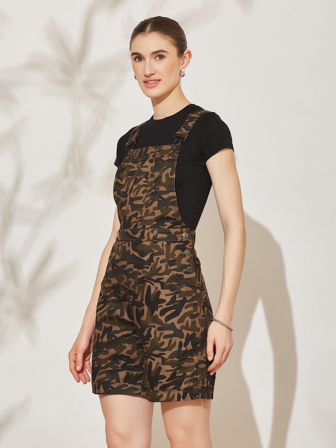 Olive Square Neck Camouflage Short Dungaree Knee-Long Cotton Dungaree for Women