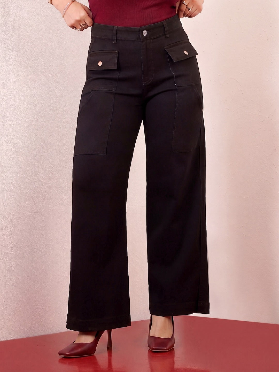 Black flared High rise Regular Stretchable Denim Jeans for Women