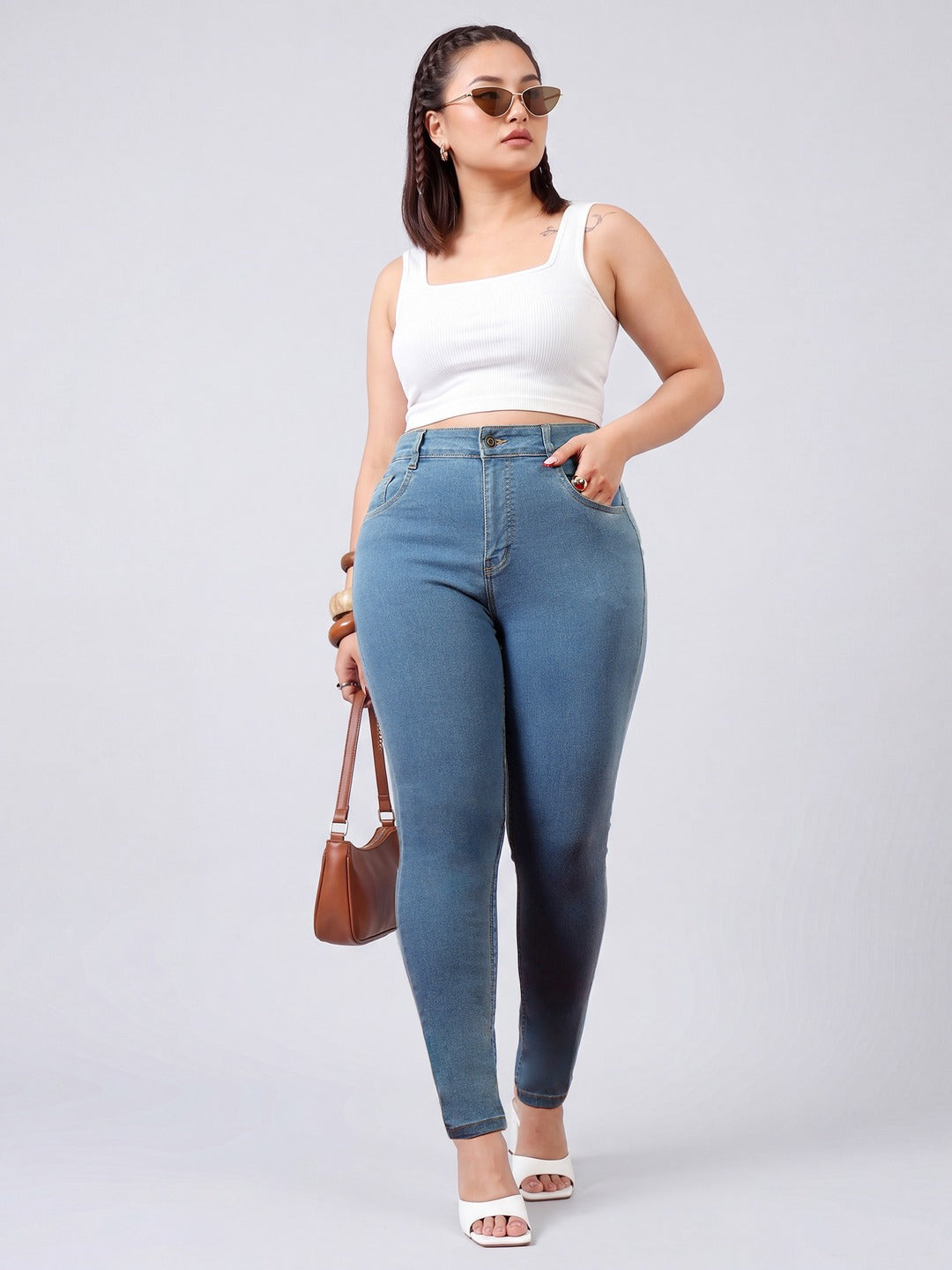 Blue Skinny High-Rise Cropped Denim Jeans for Women