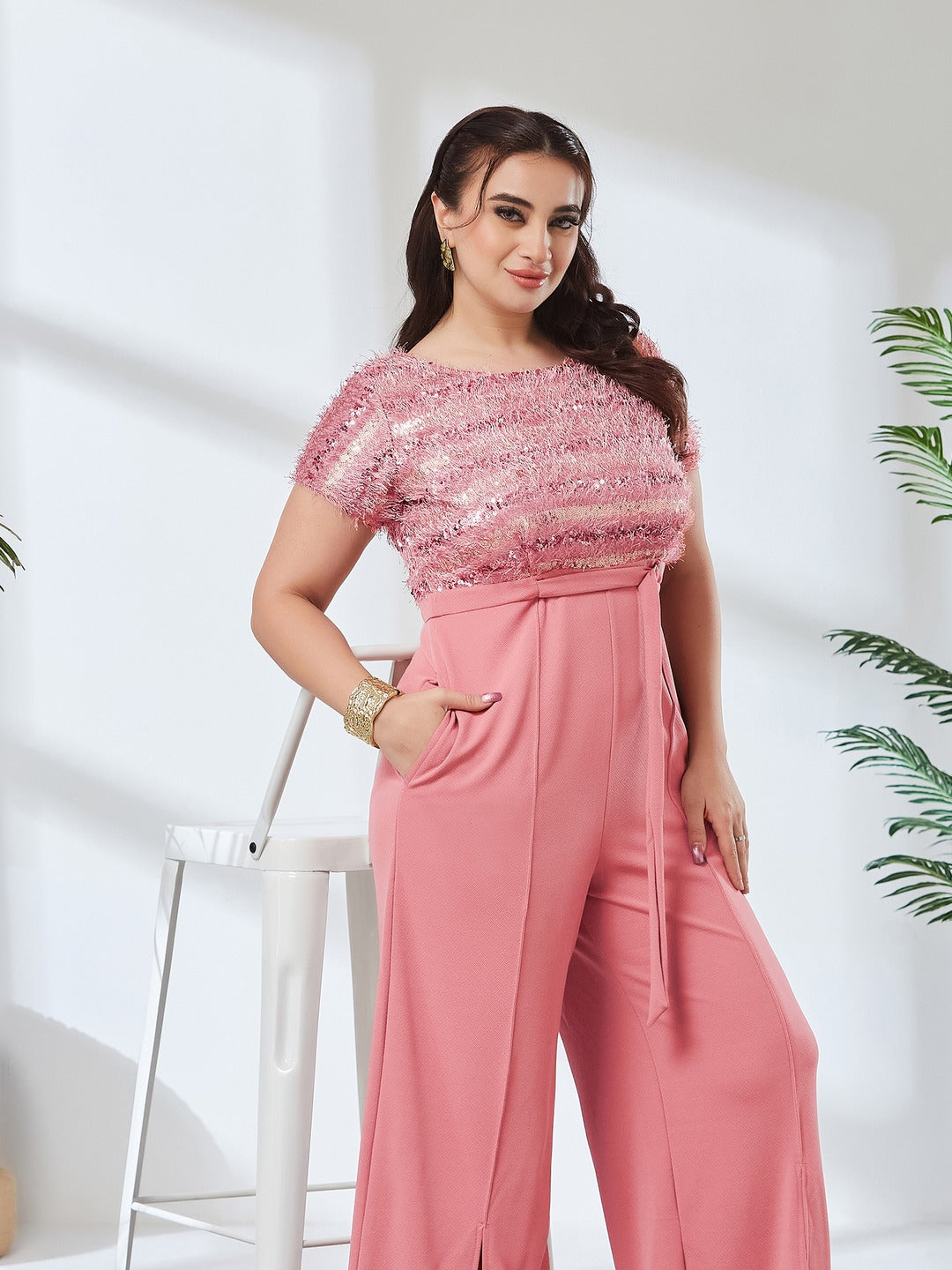 Dusty Pink Embellished Regular Jumpsuit for Women