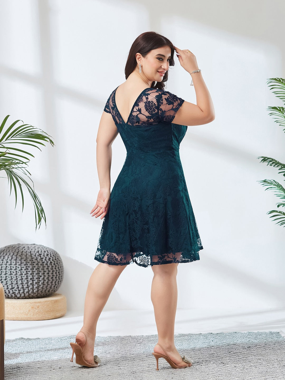 Teal Round Neck Cap Sleeve Self-Designed Skater Mini Dress for Women