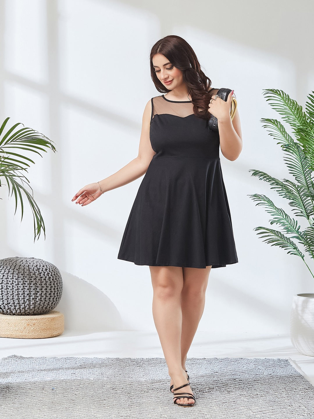 Black Round Neck Sleeveless Back Cut Out Bow Mini Skater Dress for Women