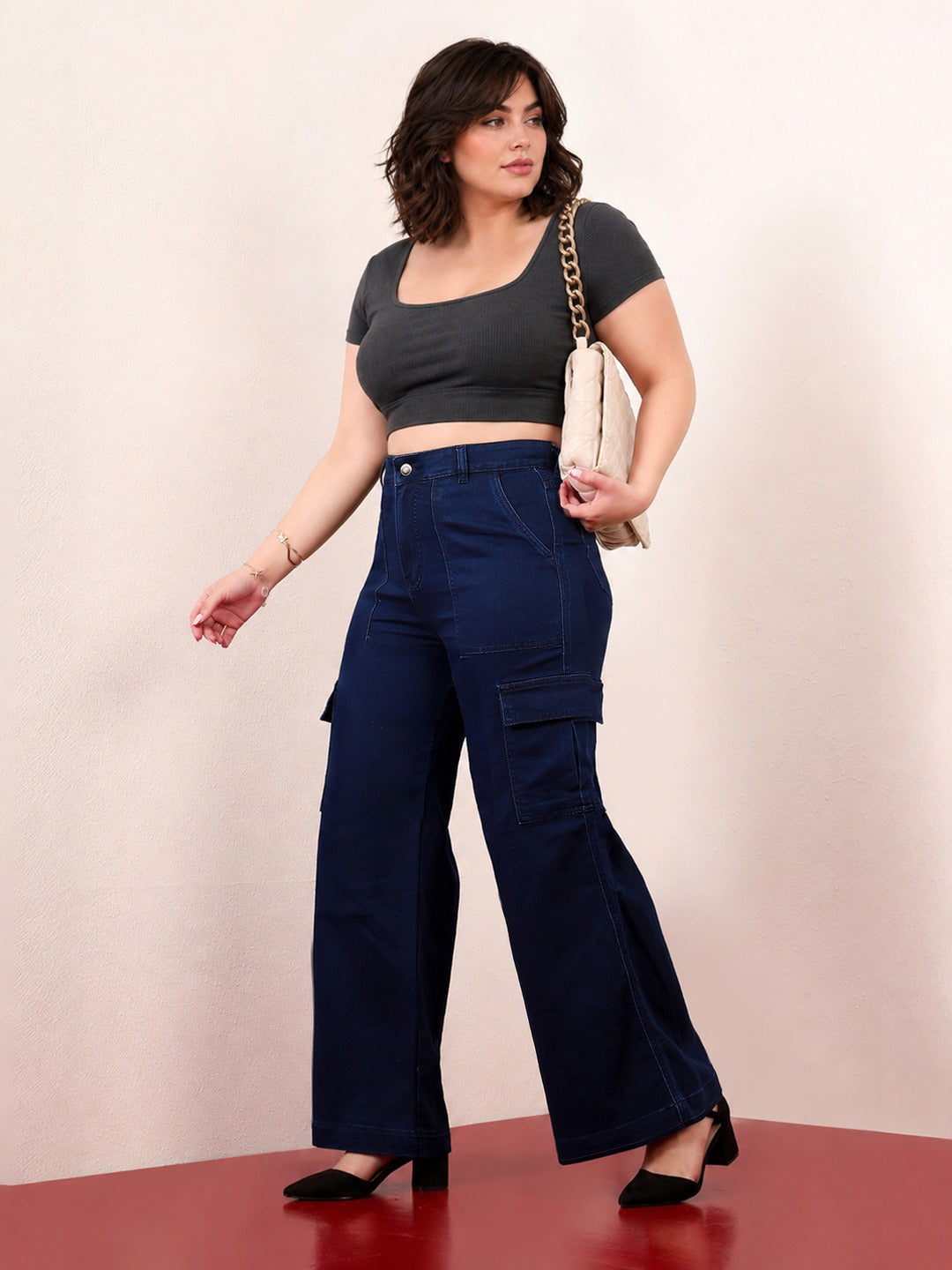 Navy Blue Wide-Leg High-Rise Stretchable Denim Cargo Jeans for Women