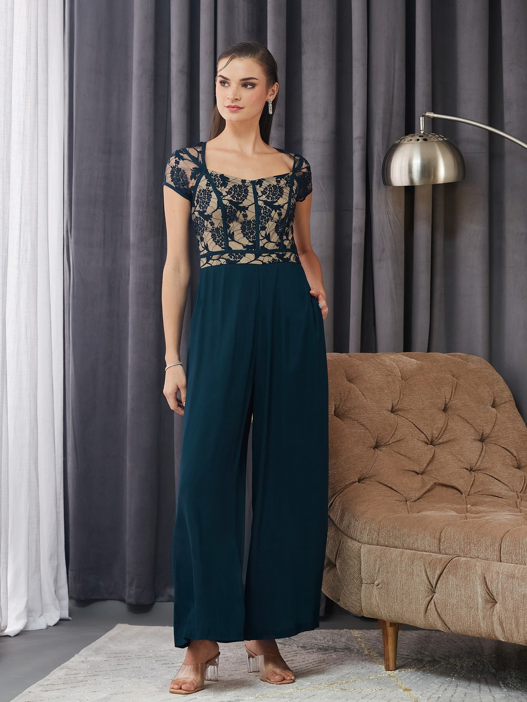 Teal Sweetheart Raglan Sleeve Self-Design Lace Overlaid Regular Fit Viscose Rayon Jumpsuit for Women