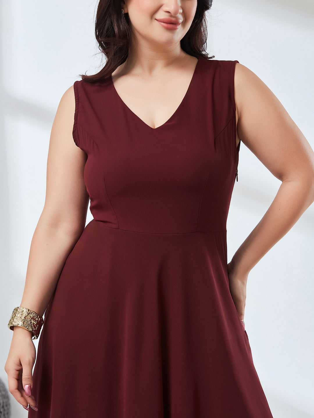 Wine Red V-Neck Sleeveless Solid High-Low Midi Skater Dress for Women