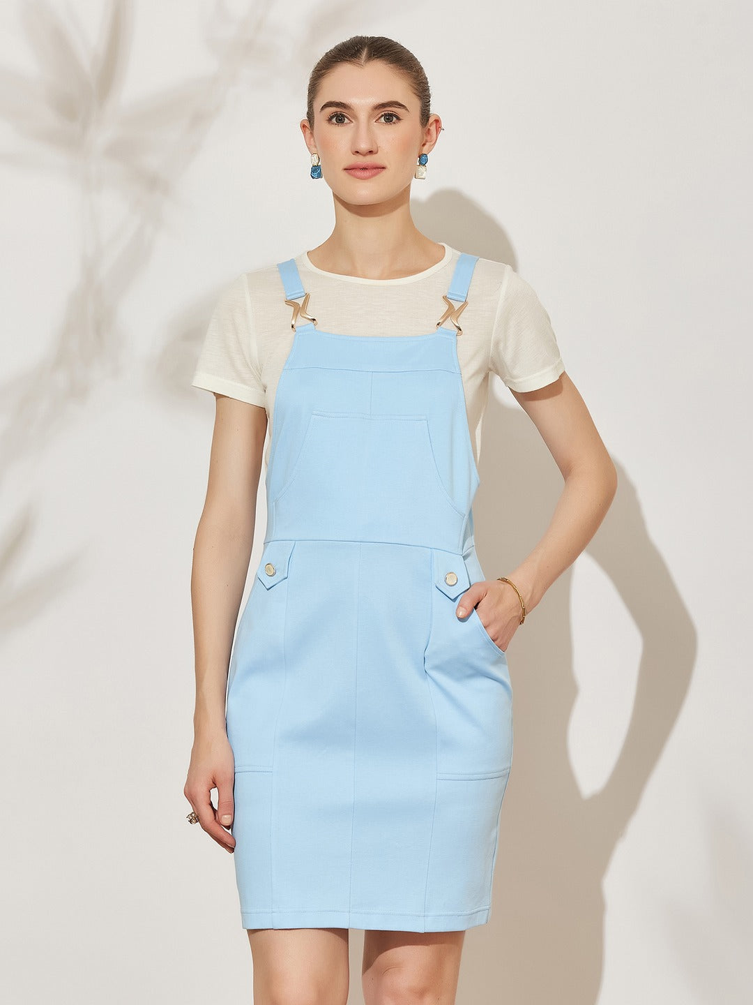 Sky Blue Round Neck Half Sleeve Solid Pinafore Knee-Long Cotton Dress Co-Ord Set for Women