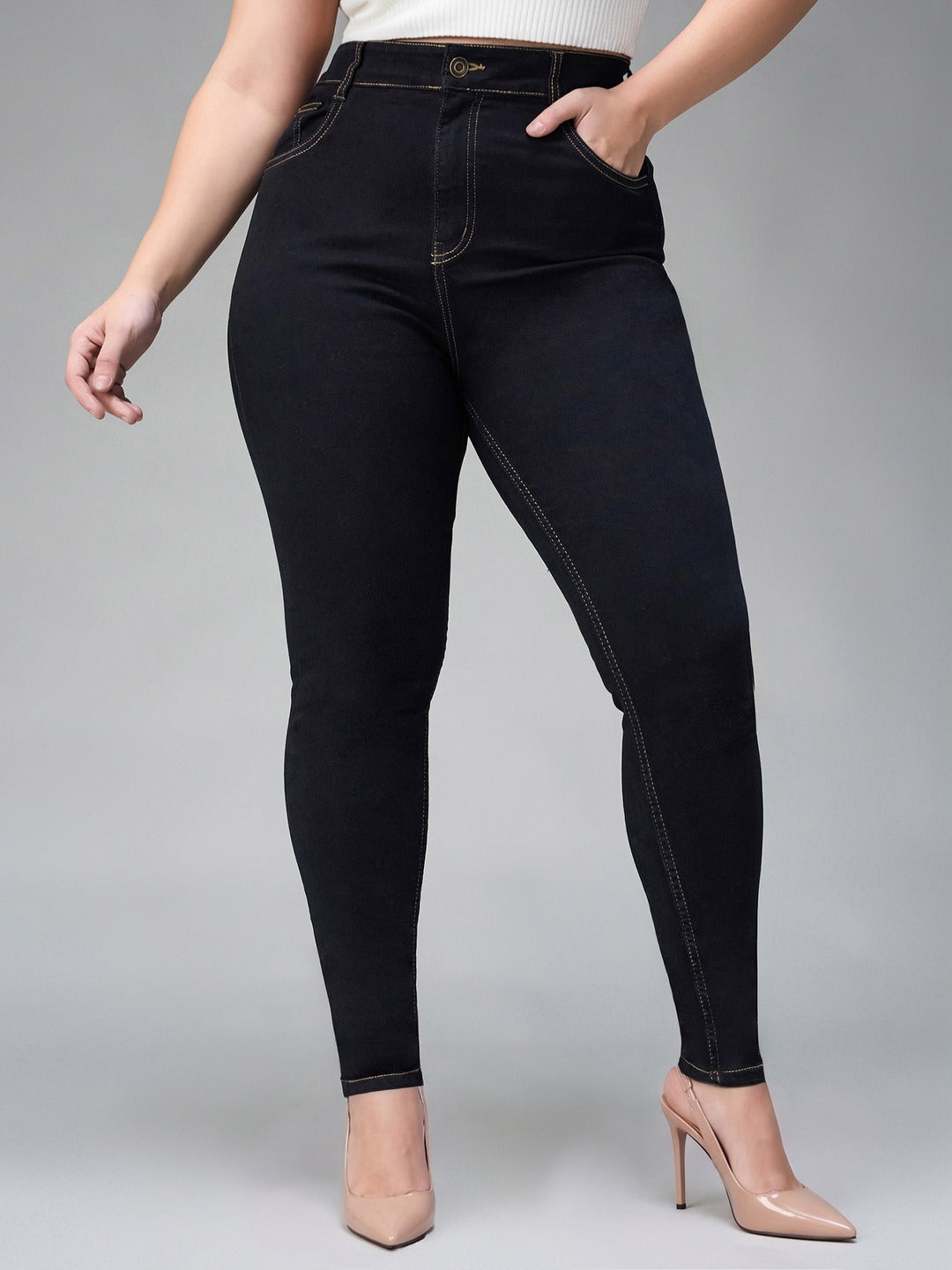 Black Skinny High Rise Regular Stretchable Denim Jeans for Women