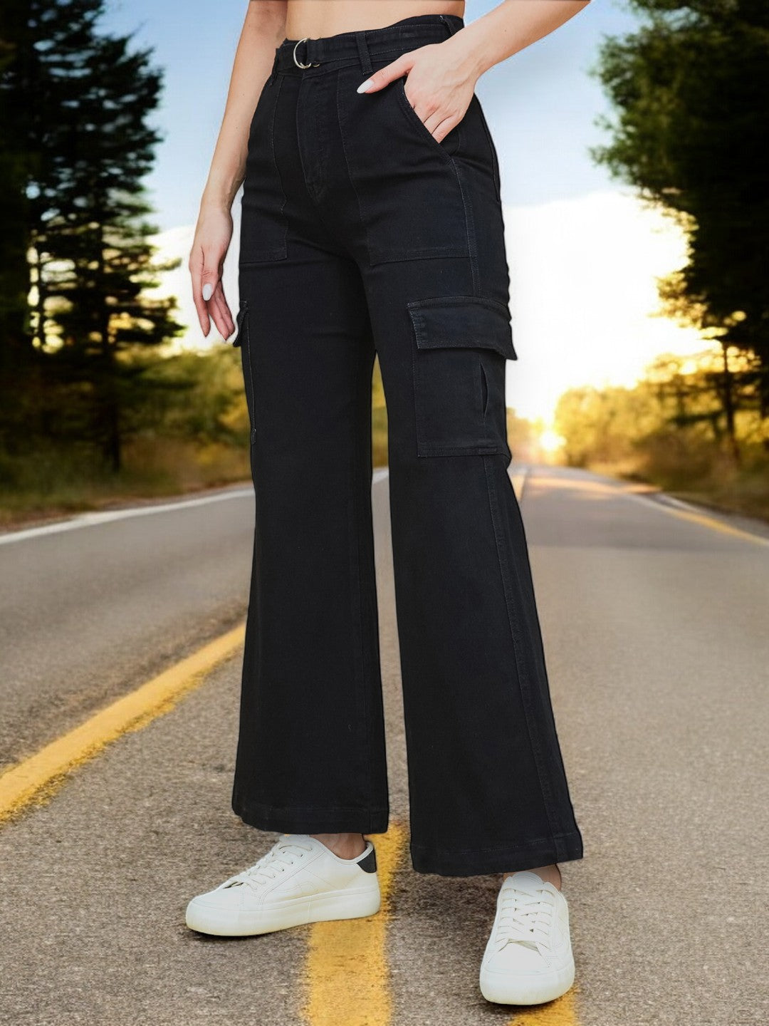 Black Wide leg High-Rise Stretchable Denim Jeans for Women