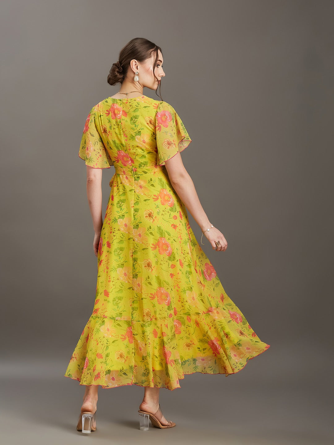 Acid Yellow V-Neck Flared Floral Overlap/Tie-Up Maxi Chiffon Dress for Women