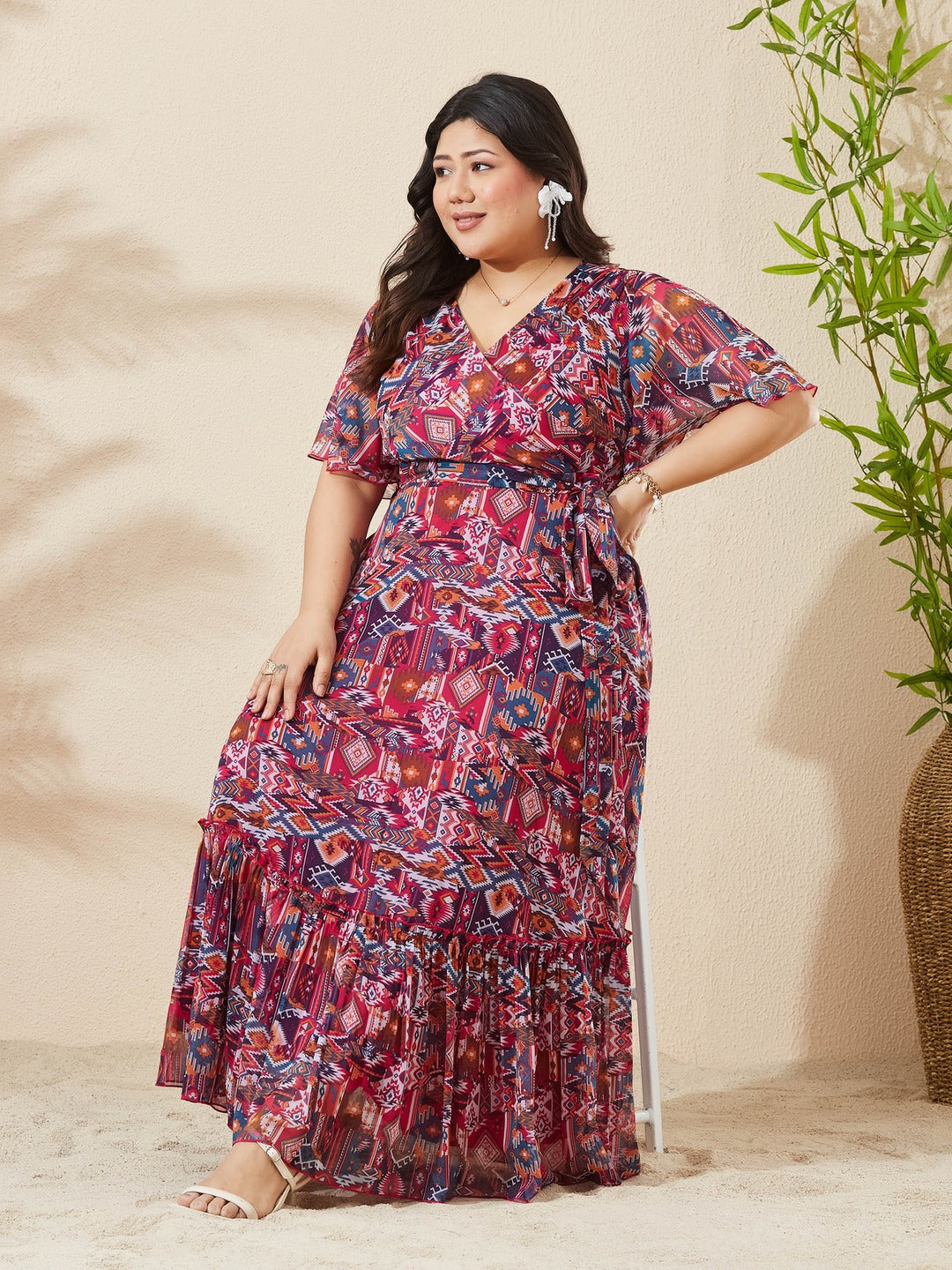 Floral V-Neck Flared Sleeve Wrap Chiffon Maxi Dress for Women