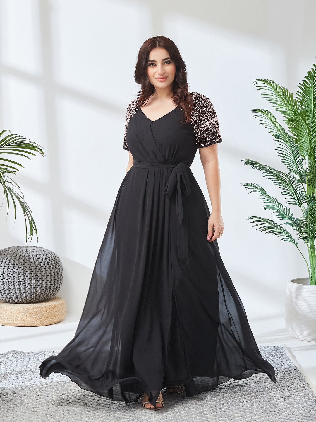 Black V-Neck Raglan Embellished Wrap & Tie-up Maxi Dress for Women