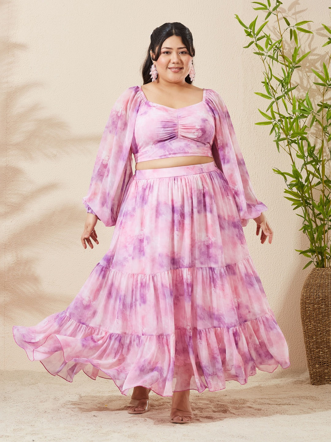 Pink and Lavender Sweetheart Neck Bishop Sleeve Floral Fit & Flare Maxi Chiffon Co-Ord Set for Women