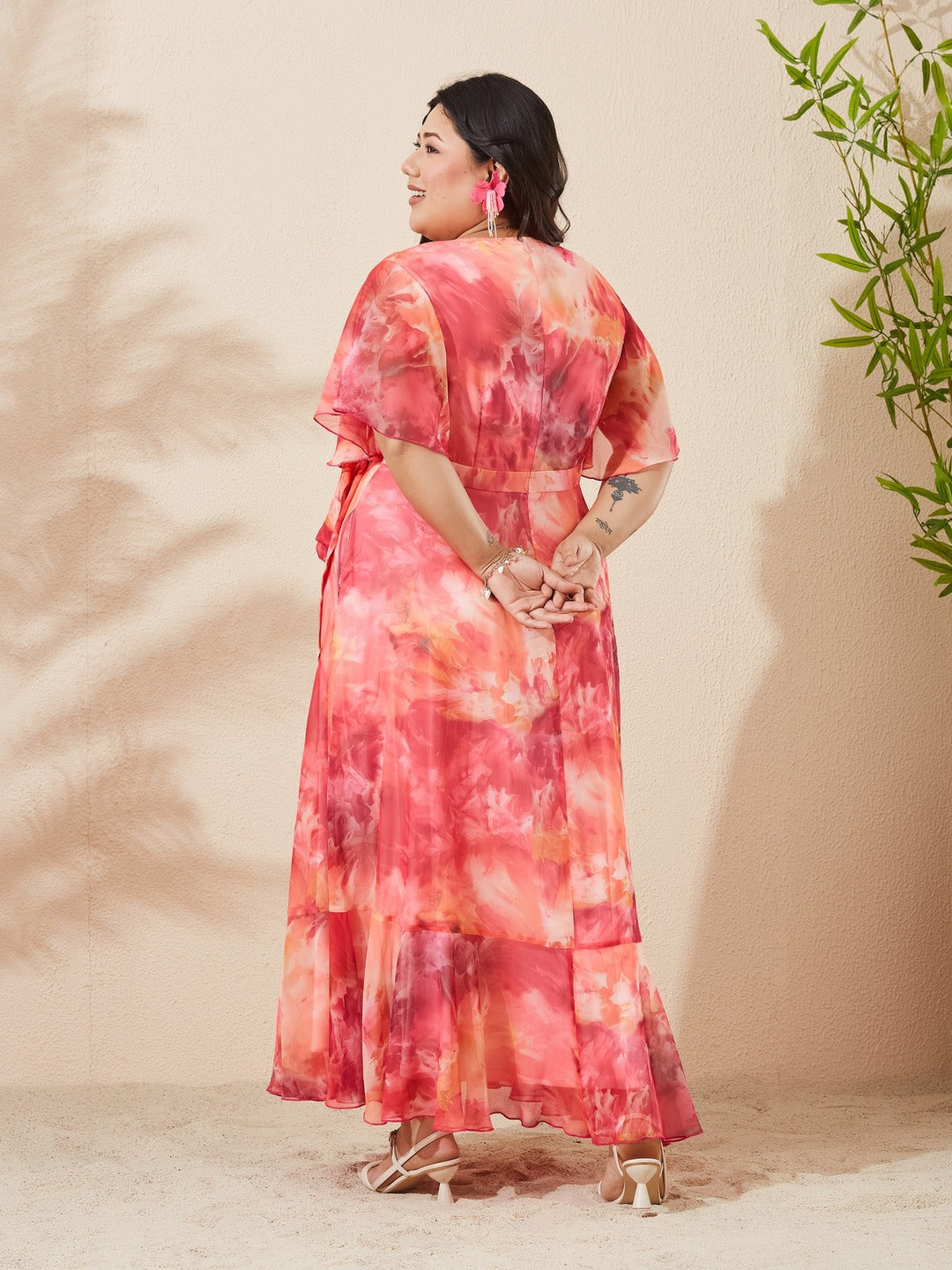 Flame Orange And Pink V-Neck Flared Abstract Overlap/Tie-Up Maxi Chiffon Dress for Women