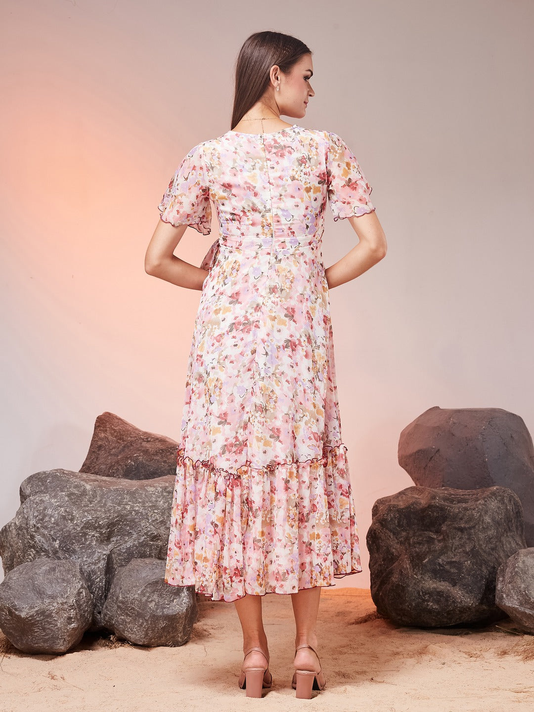 Pink V-Neck Flared Sleeve Floral Wrap Chiffon Maxi Dress for Women