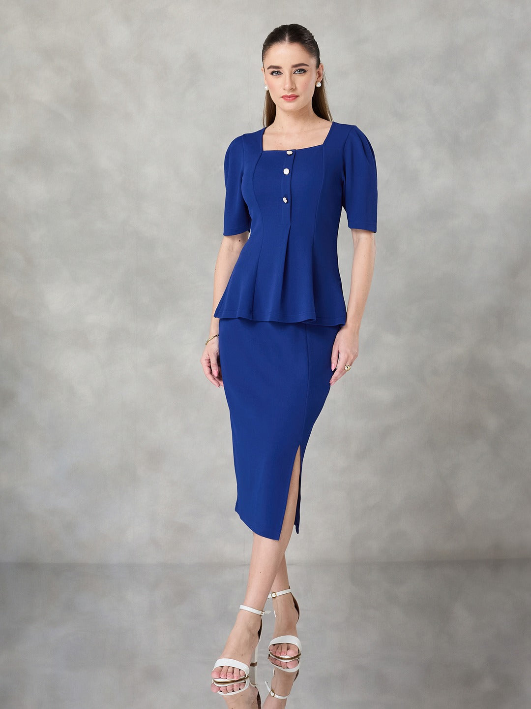 Royal Blue Square Neck Half Sleeve Solid Peplum Knee-Long Premium Polyknit Co-Ord Set for Women