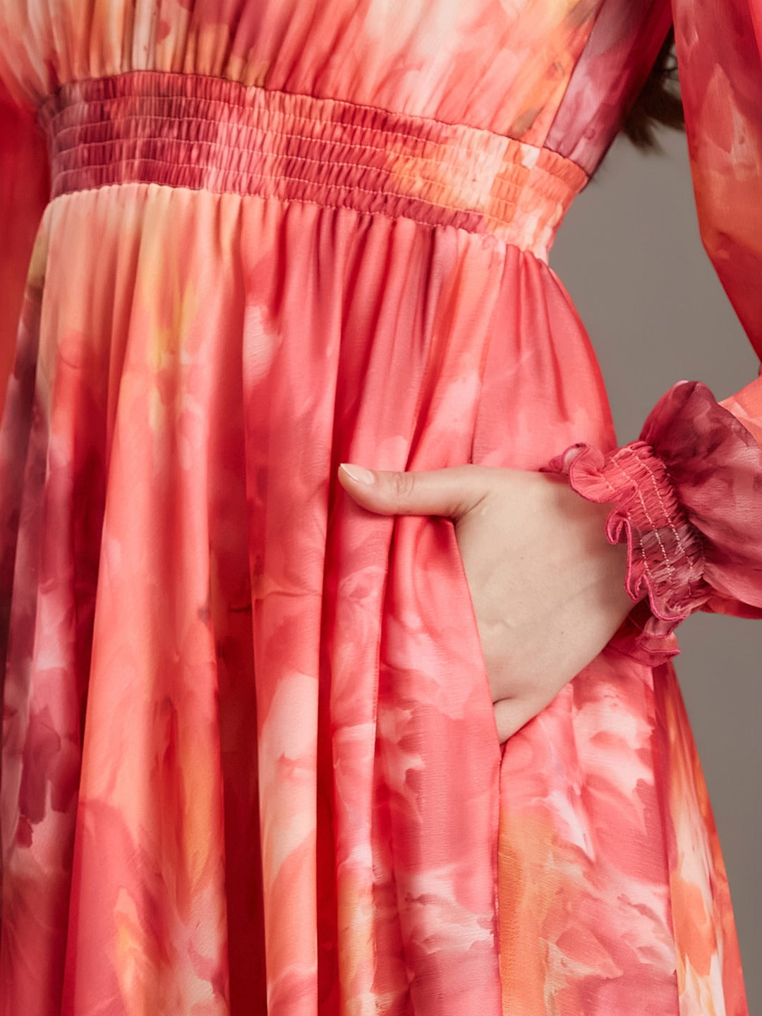 Flame Orange & Pink Floral V-Neck Bishop Sleeve Smocked Chiffon Maxi Dress for Women