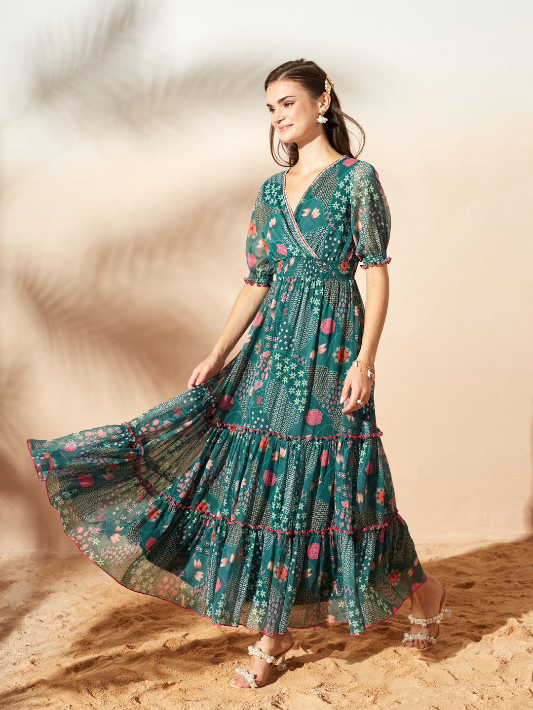 Emerald Green V-Neck Puff Bohemian Overlap/ Tiered Maxi Chiffon Ethnic Dress for Women