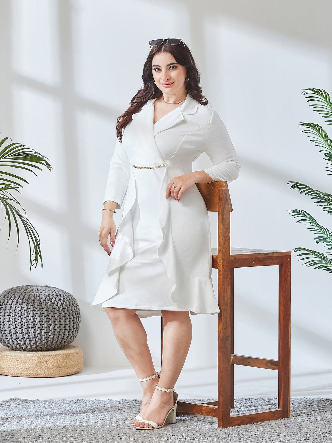 Off White Solid Double Breasted Knee Length Dress for Women