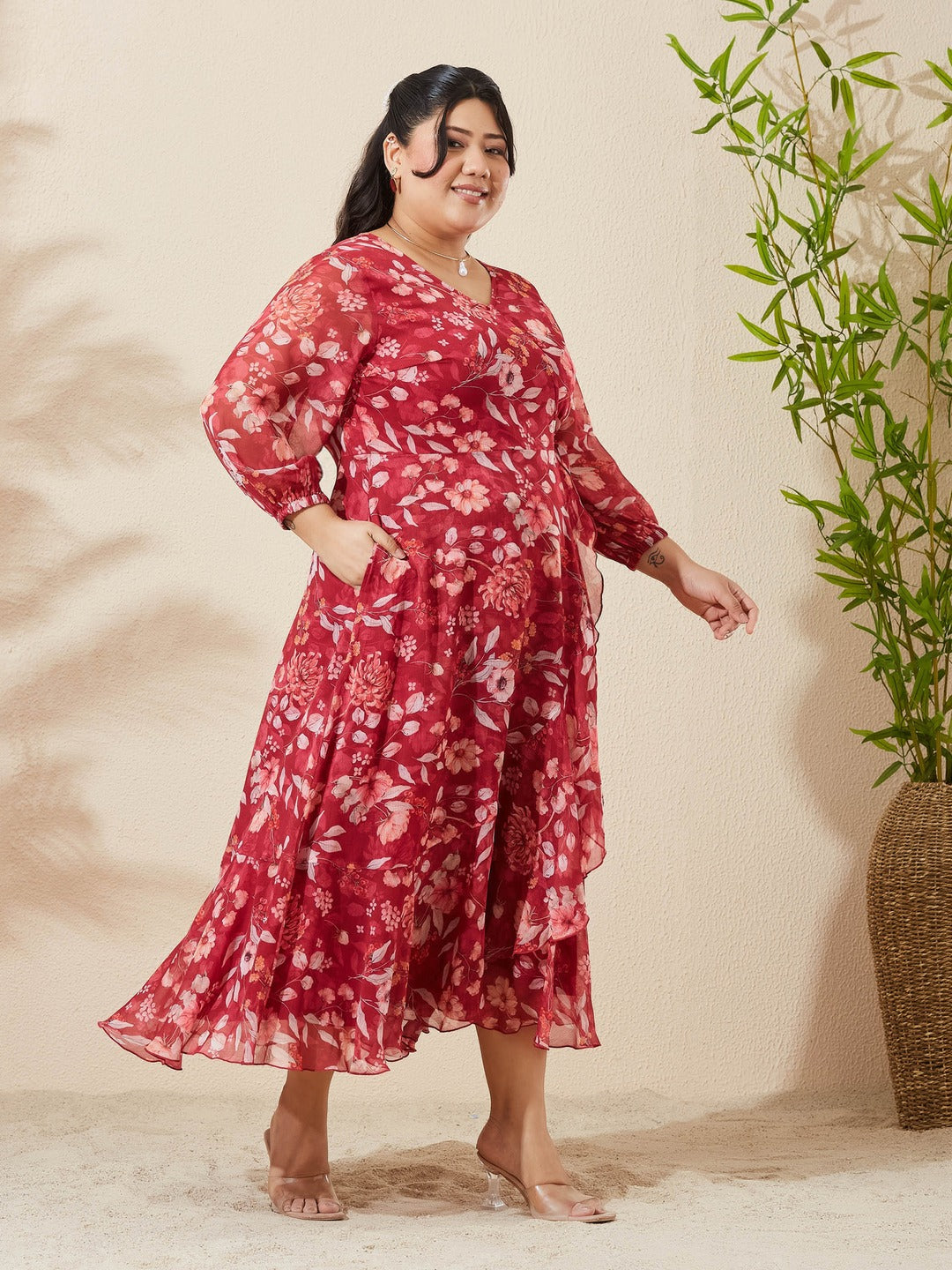 Maroon Floral V-Neck 3/4 Sleeve Wrap Midi Chiffon Dress for Women