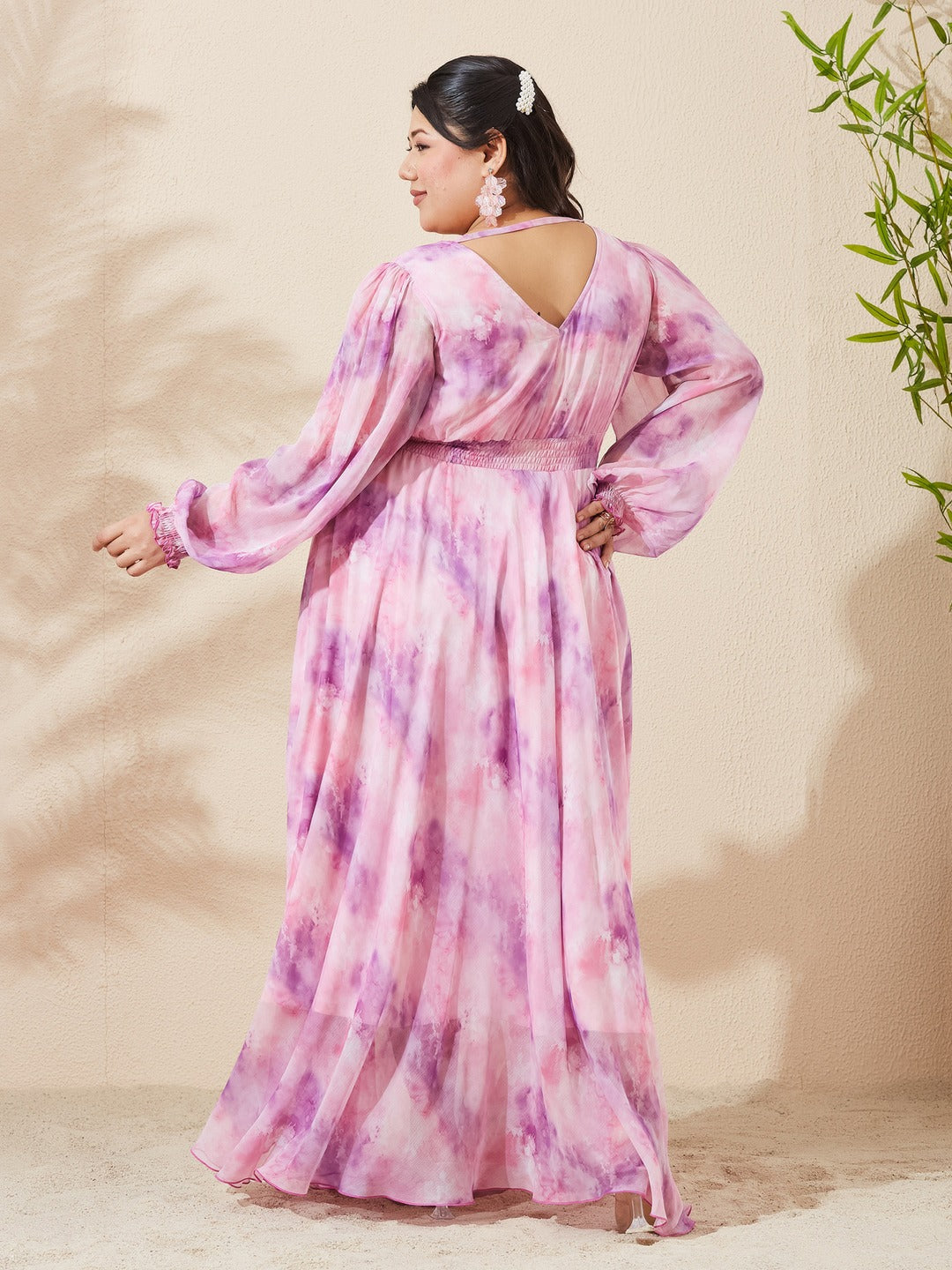Pink & Lavender Floral V-Neck Bishop Sleeve Smocked Chiffon Maxi Dress for Women