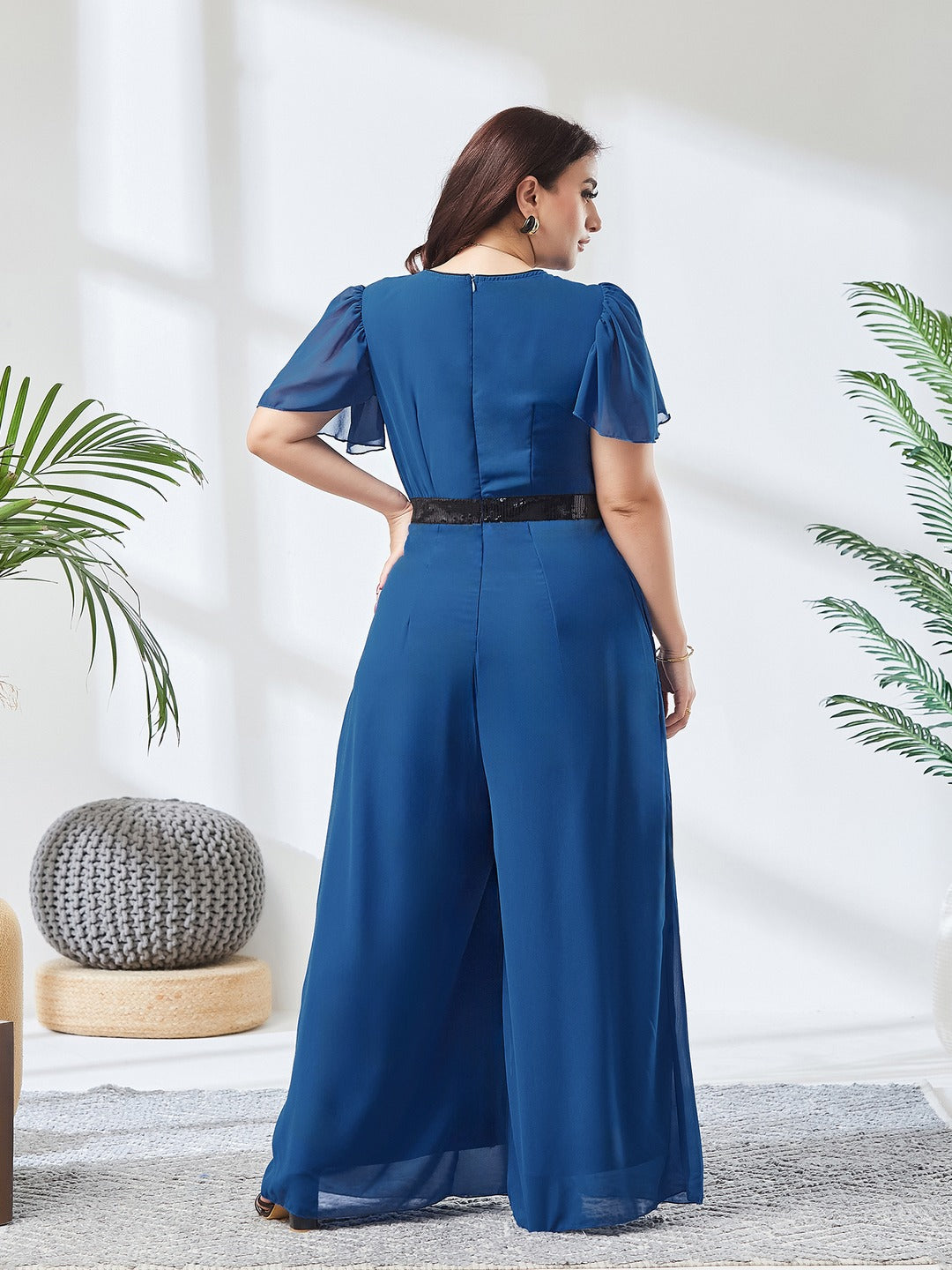 Royal Blue Solid Relaxed Fit Short Sleeve V-Neck Ankle-Length Straight Jumpsuit  for Women