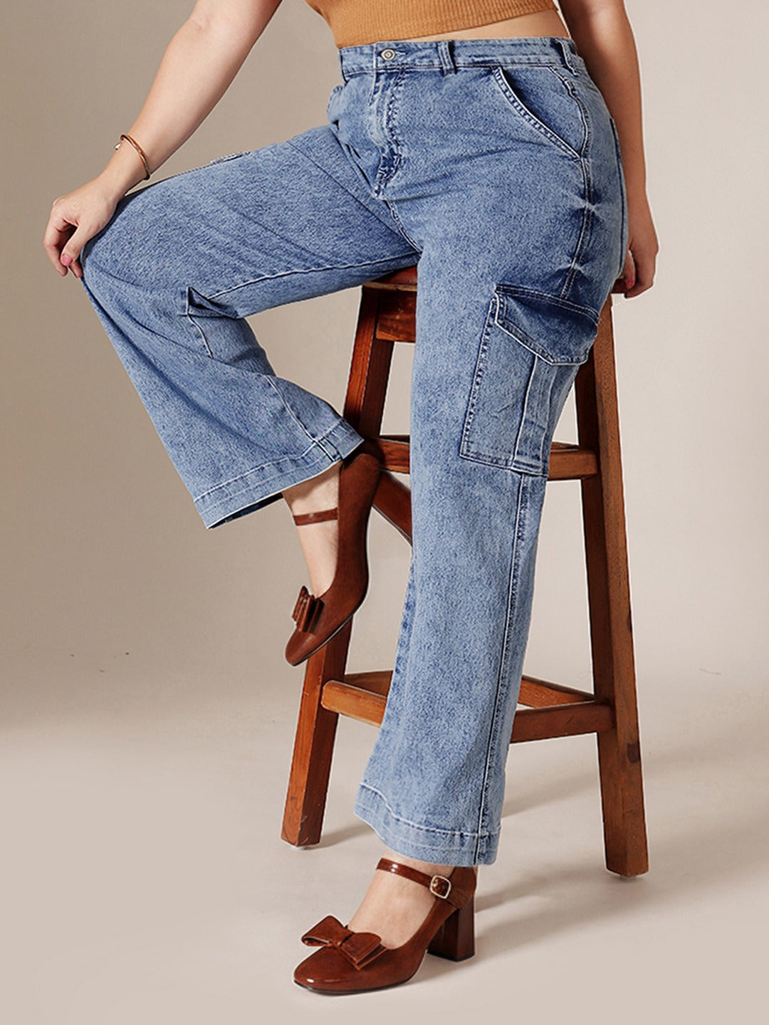 Light Blue Wide-Leg High-Rise Stretchable Flared Cargo Style Denim Jeans for Women
