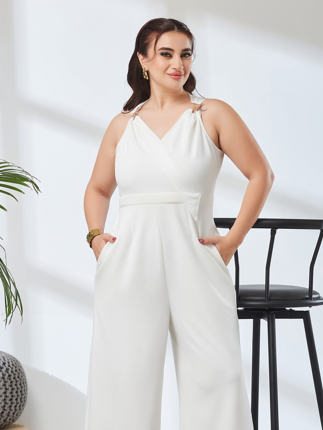 Off-White V-Neck Sleeveless Solid Wrap Regular-Length Polyester Jumpsuit for Women