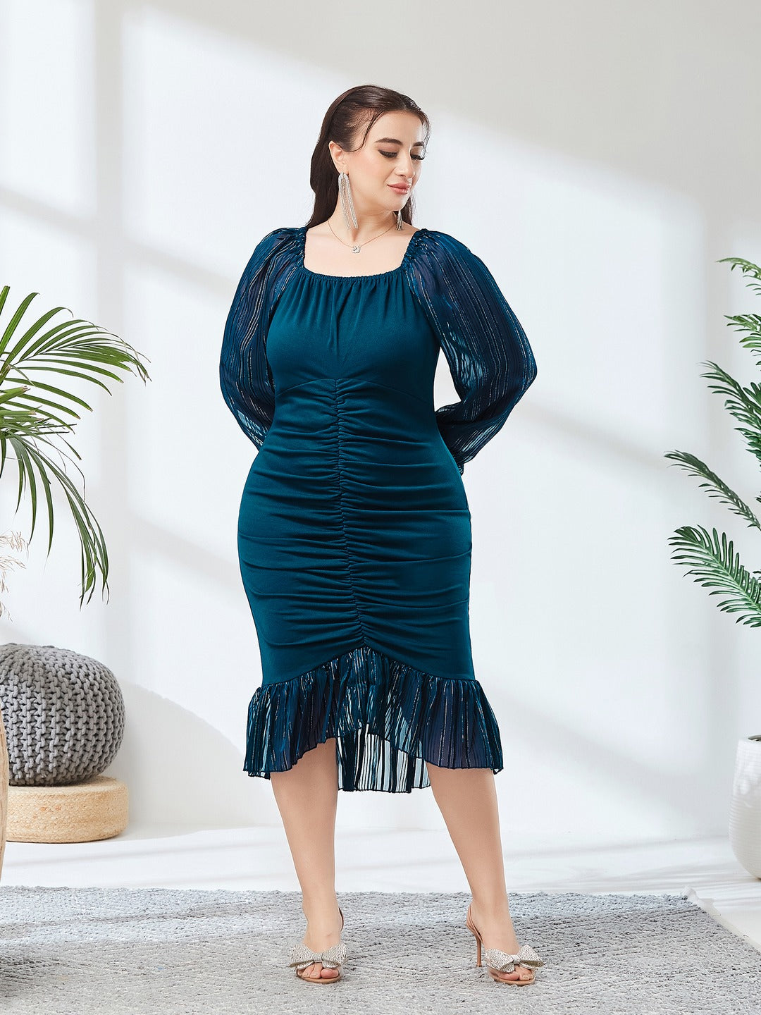 Teal Square-Neck Short-Sleeve Solid Ruching Polyester Midi Dress for Women