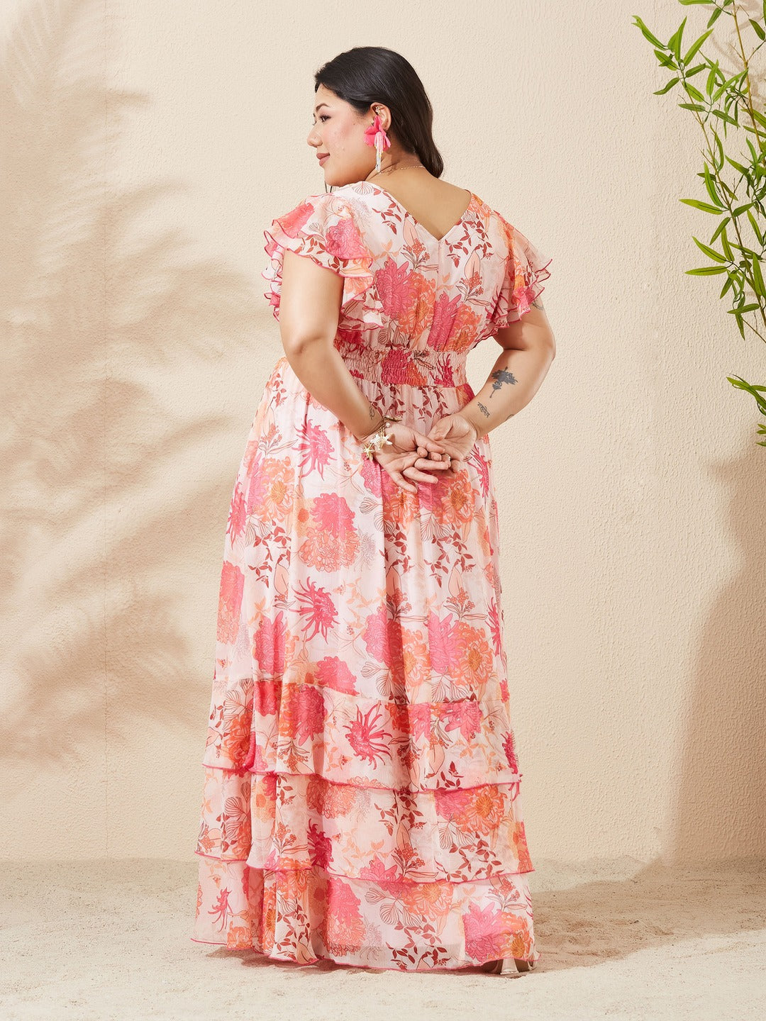 Light Peach Tapered Square Neck Layered Ruffle Floral Ruffled Maxi Chiffon Dress for Women