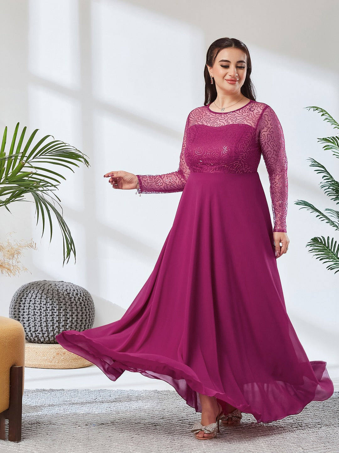 Ruby Pink Solid Embellished Maxi Dress for Women