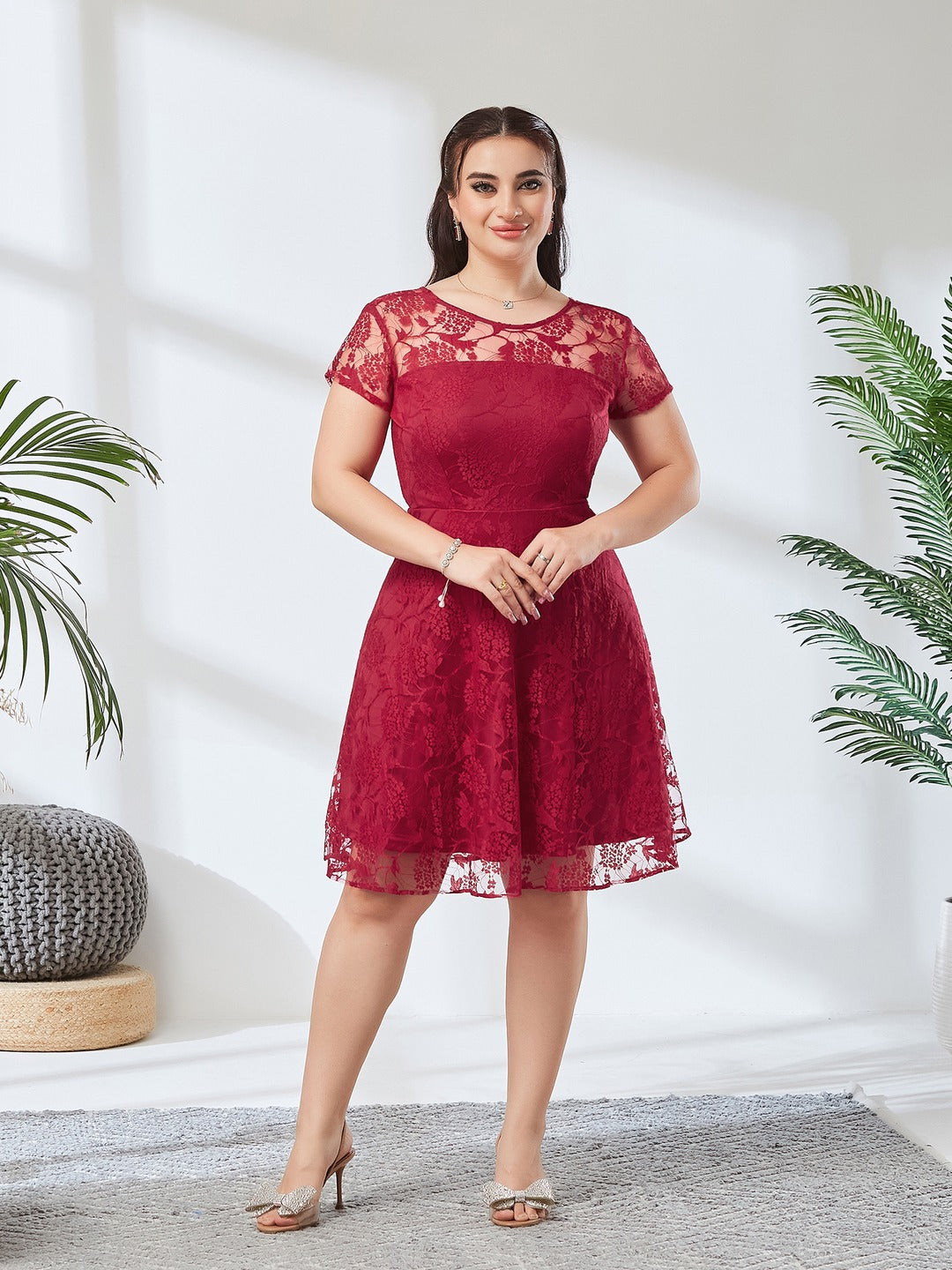 Dark Pink Round Neck Cap Sleeves Low Back Lace Skater Dress for Women