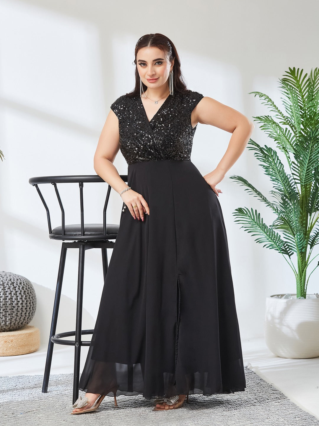 Black V-Neck Cap Sleeved Solid Wrap Maxi Dress for Women