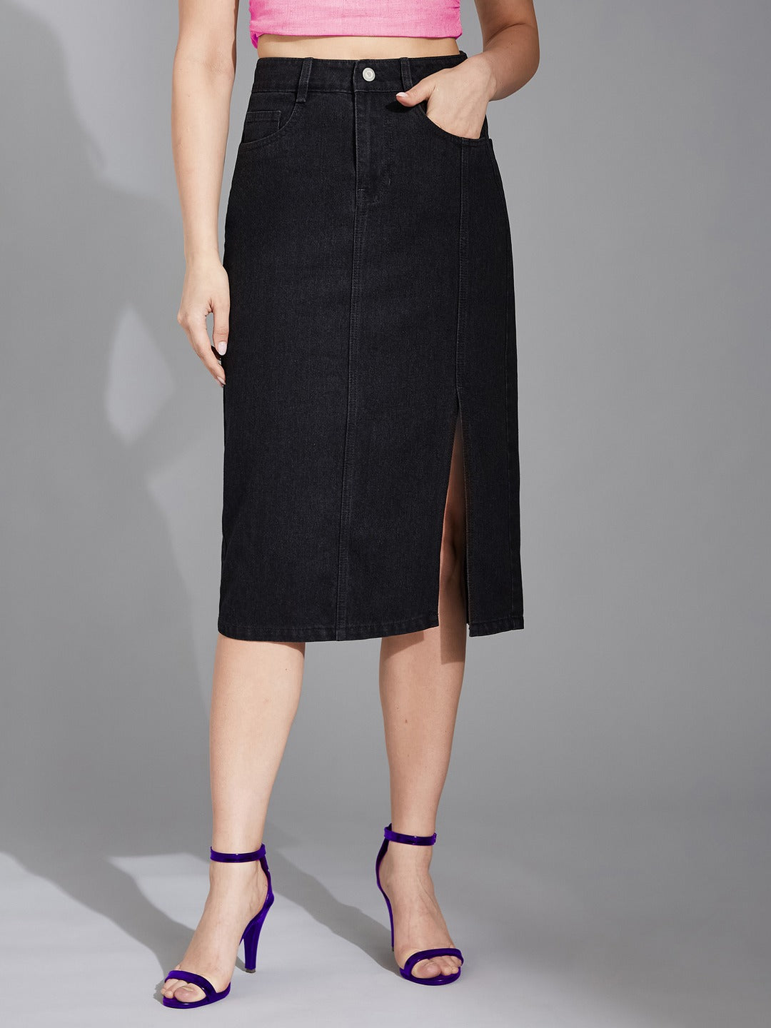 Black Straight-Fit High-Rise Stretchable Denim Midi Skirt for Women