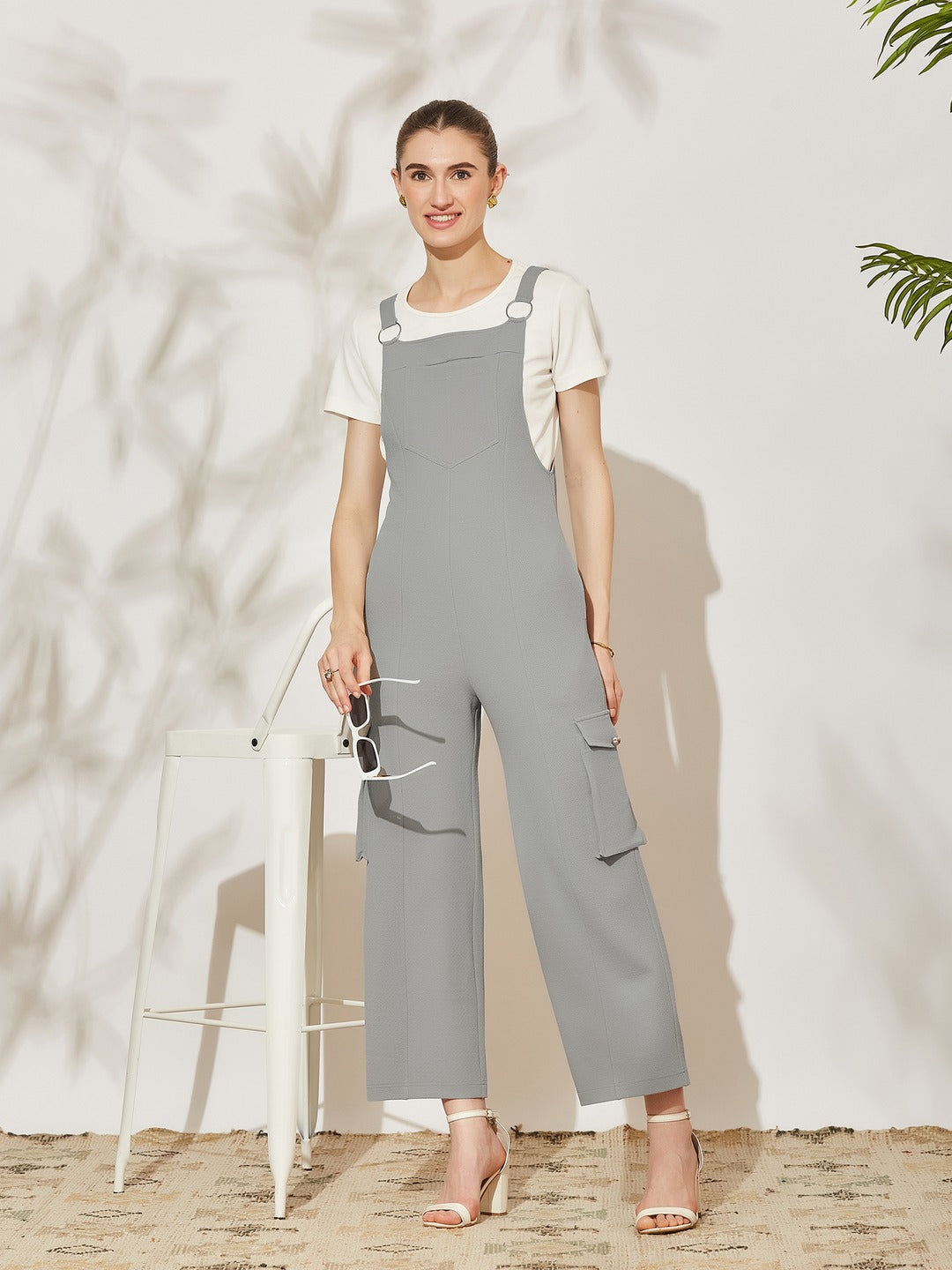 Grey Round Neck Half Sleeve Solid Regular Fit Polyester Dungaree Co-Ord Set for Women