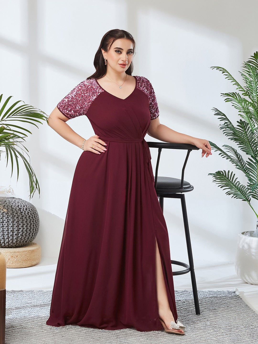 Wine Relaxed Fit Maxi Georgette Dress for Women