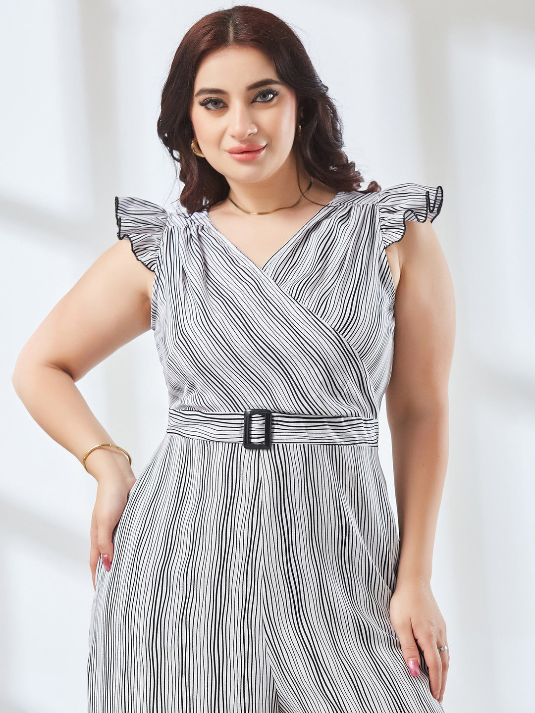 Black and White Striped V-Neck Frill Viscose Rayon Wrap Relaxed Fit Regular Jumpsuit for Women