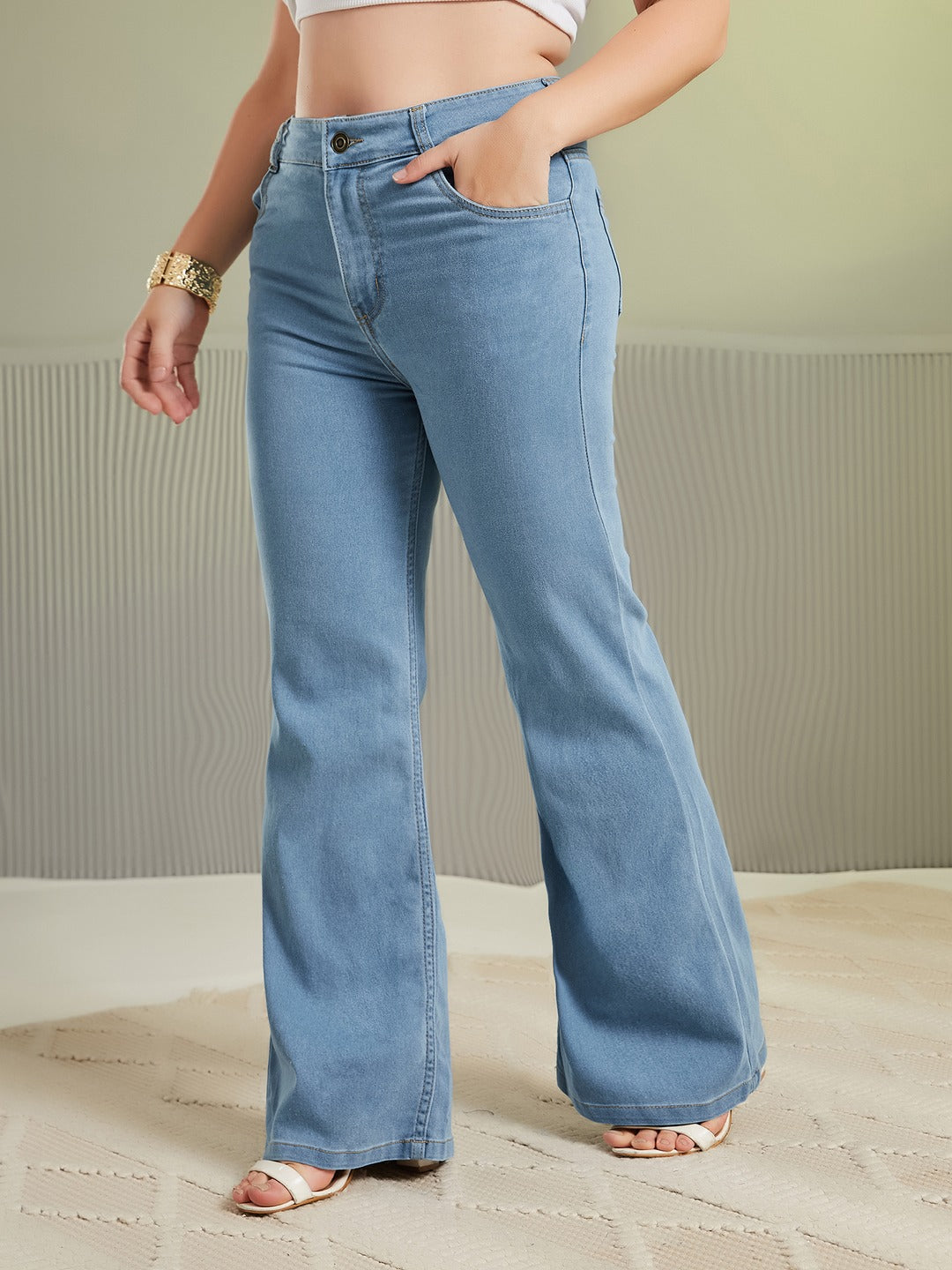 Light Blue Bootcut High rise Regular Stretchable Denim Jeans for Women
