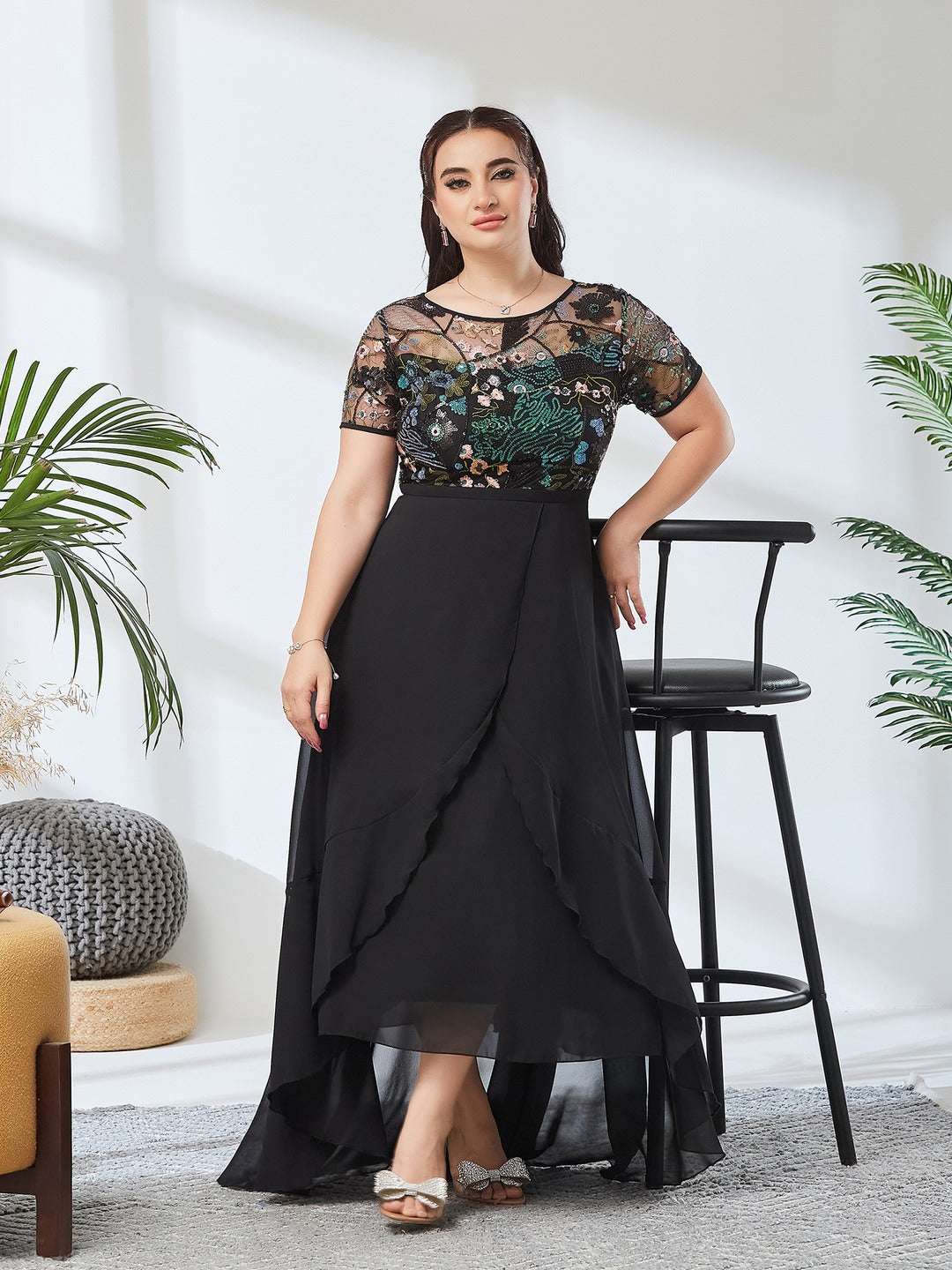 Black Round Neck Short Sleeve Floral Layered Georgette Midi Dress for Women