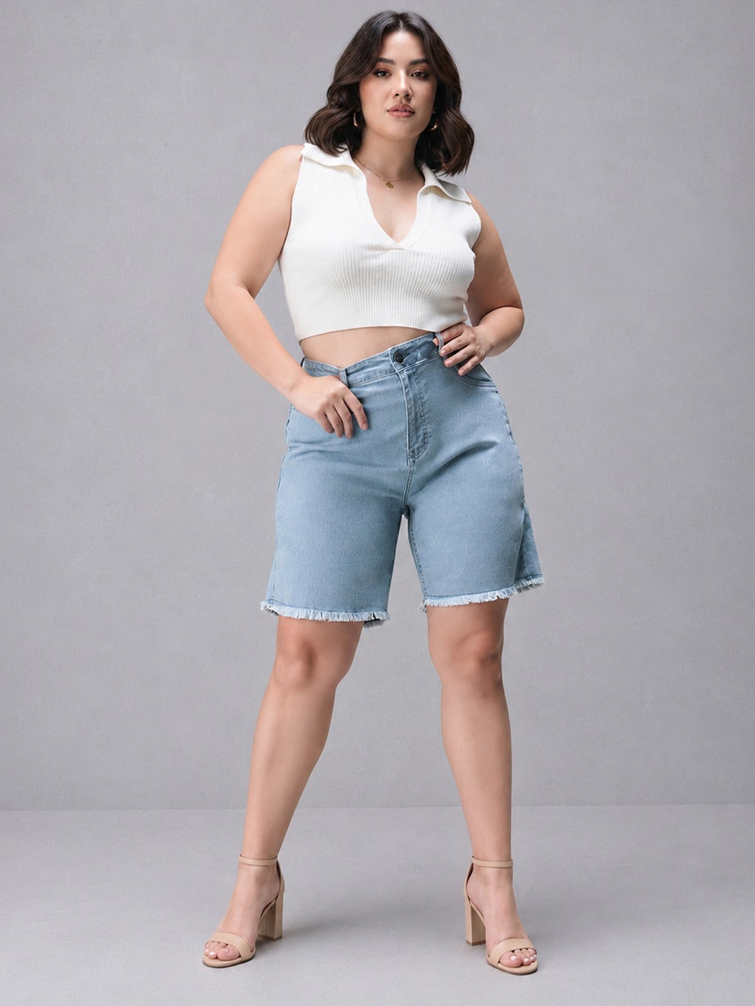 Light Blue Regular High Rise Above Knee Stretchable Denim Shorts for Women