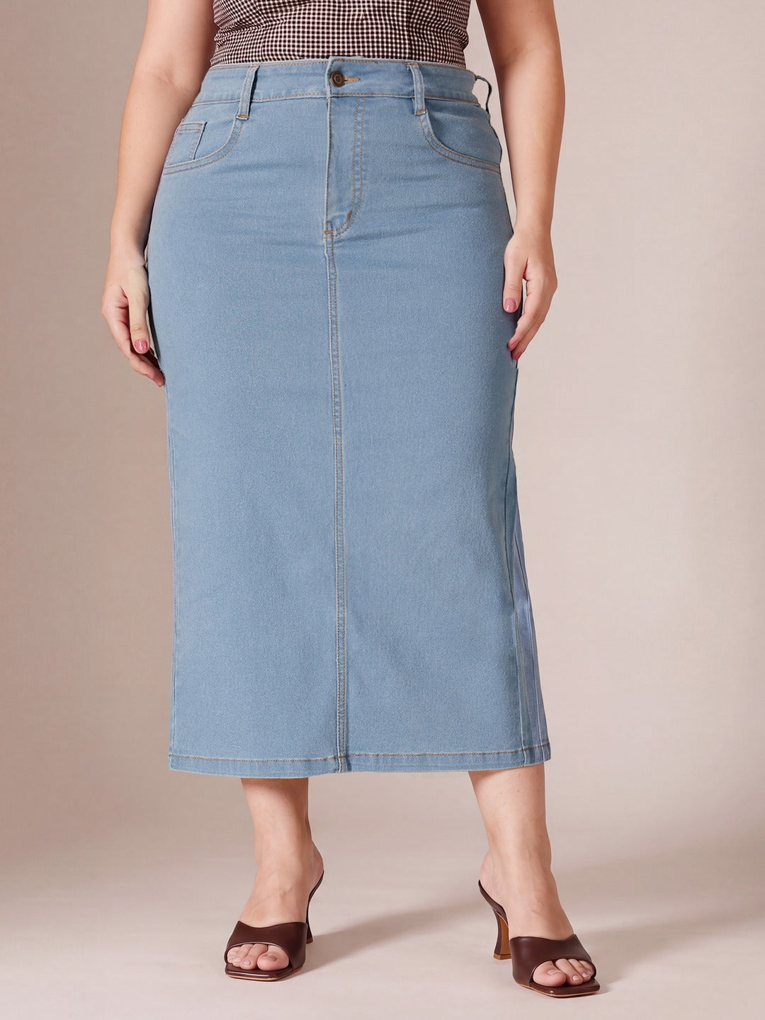 Light Blue Straight High Rise Midi Stretchable Denim Denim Skirt for Women
