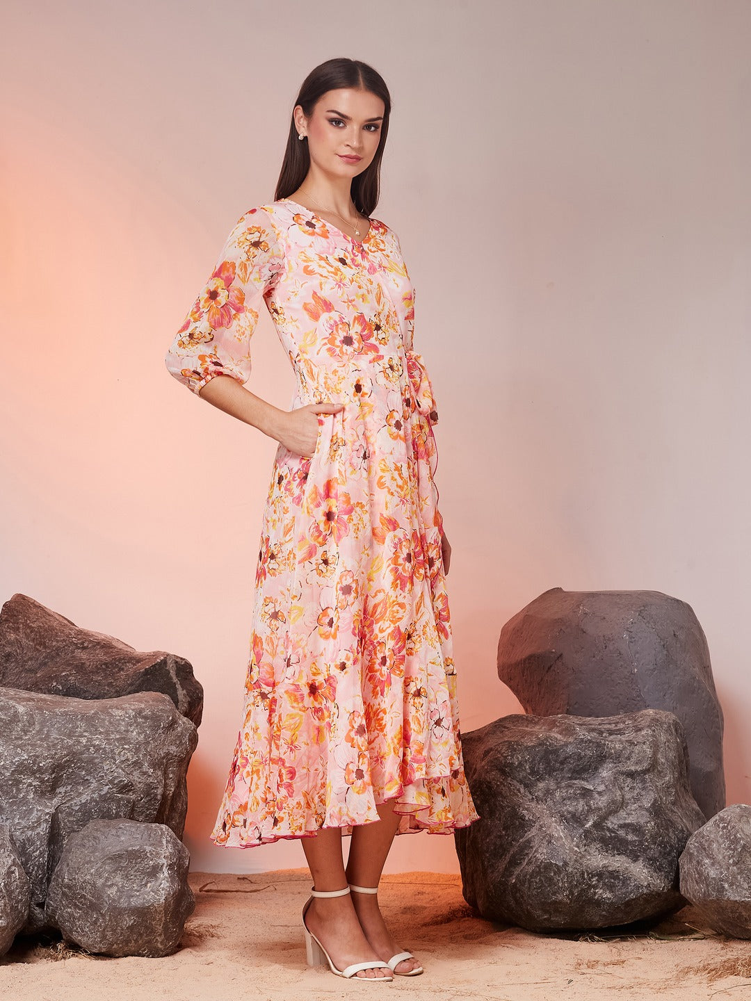 Pink & Orange V-Neck Bishop Floral Layered Chiffon Maxi Dress for Women