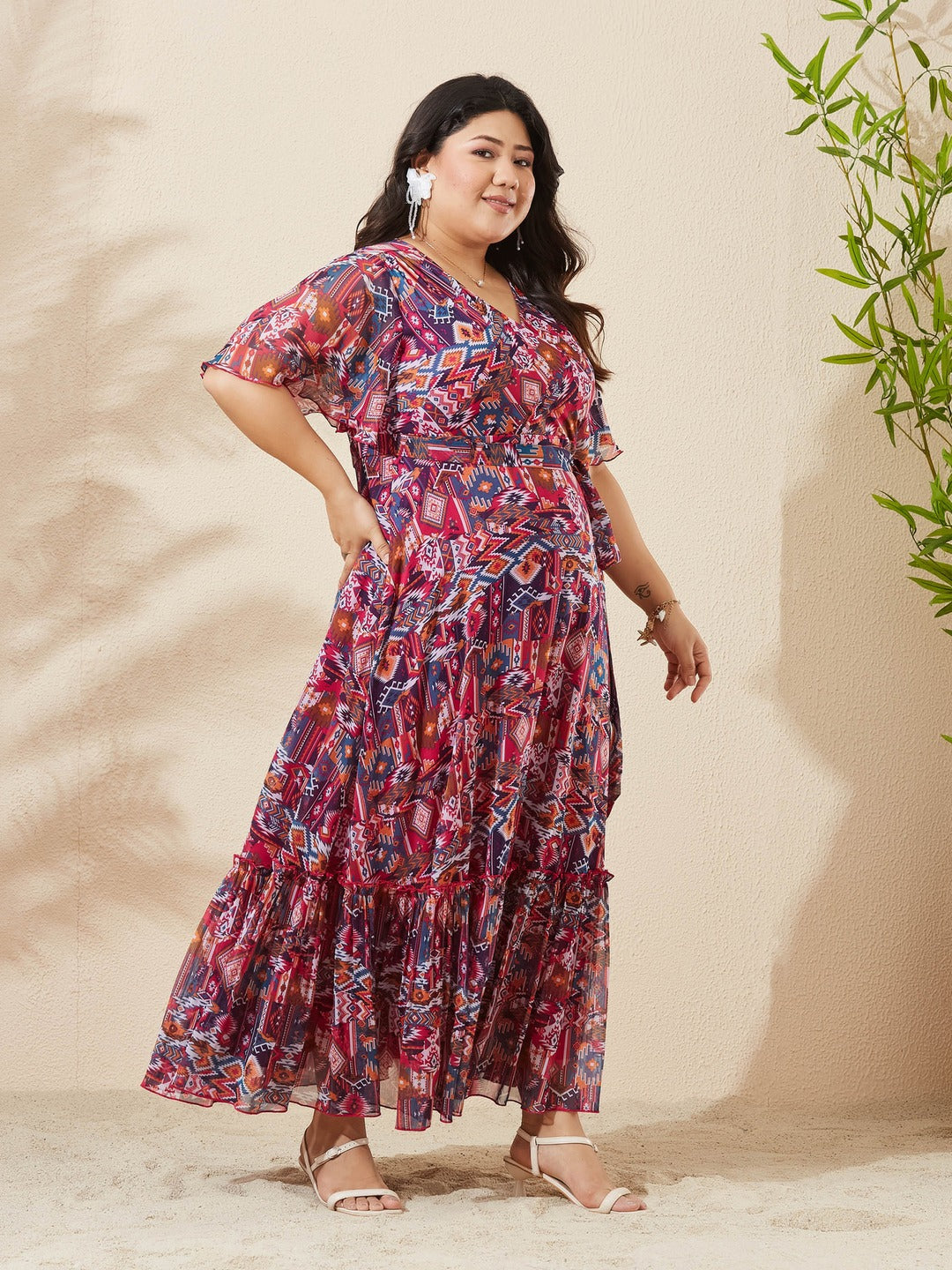 Floral V-Neck Flared Sleeve Wrap Chiffon Maxi Dress for Women