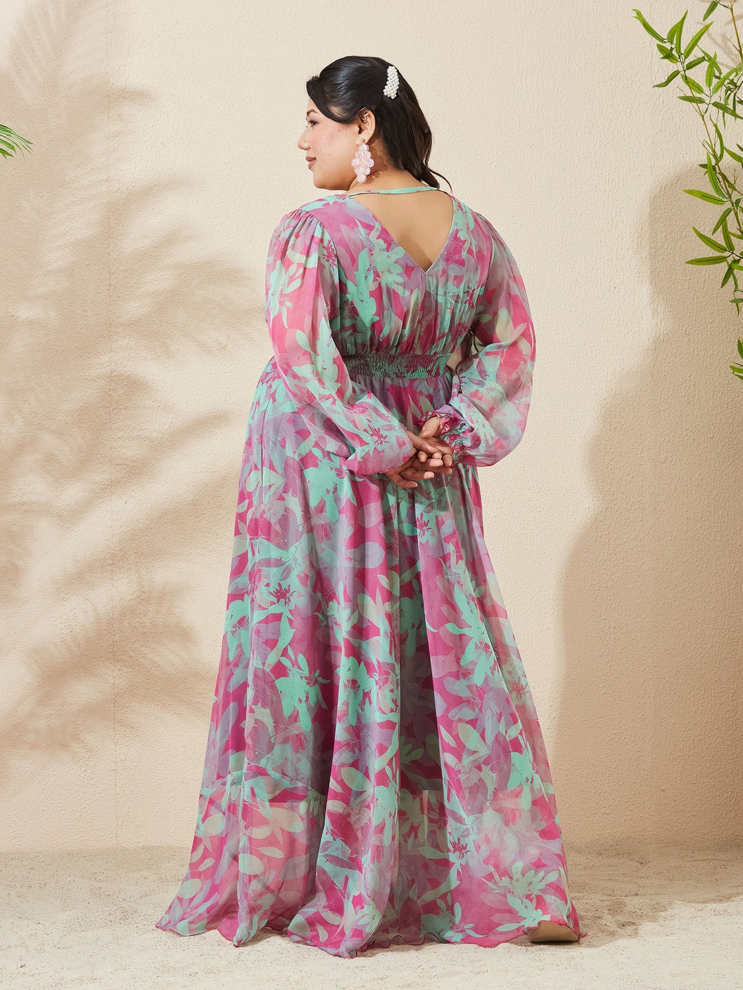 Pink & Mint Floral V-Neck Smocked Bishop Sleeve Maxi Chiffon Dress for Women