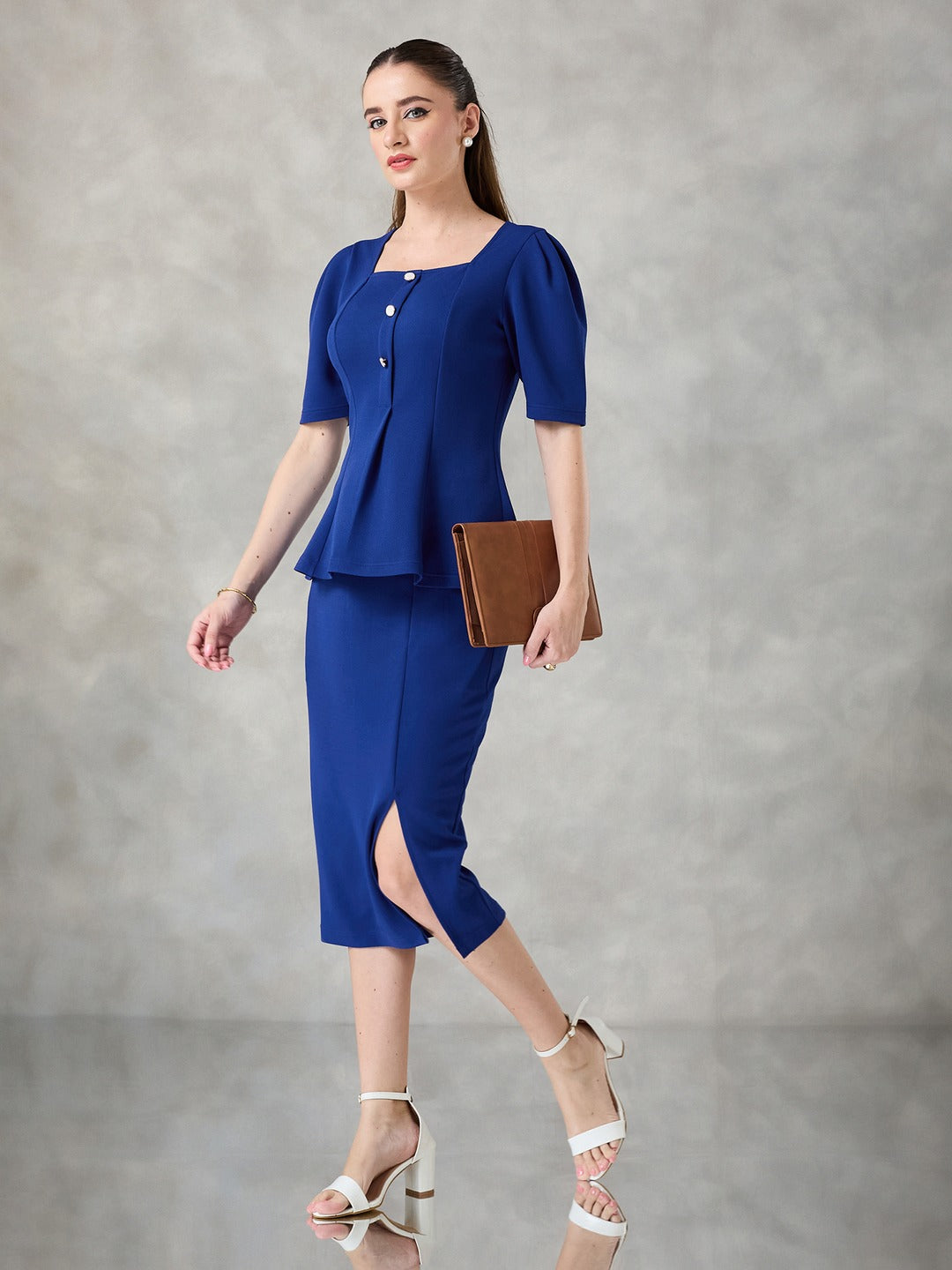 Royal Blue Square Neck Half Sleeve Solid Peplum Knee-Long Premium Polyknit Co-Ord Set for Women
