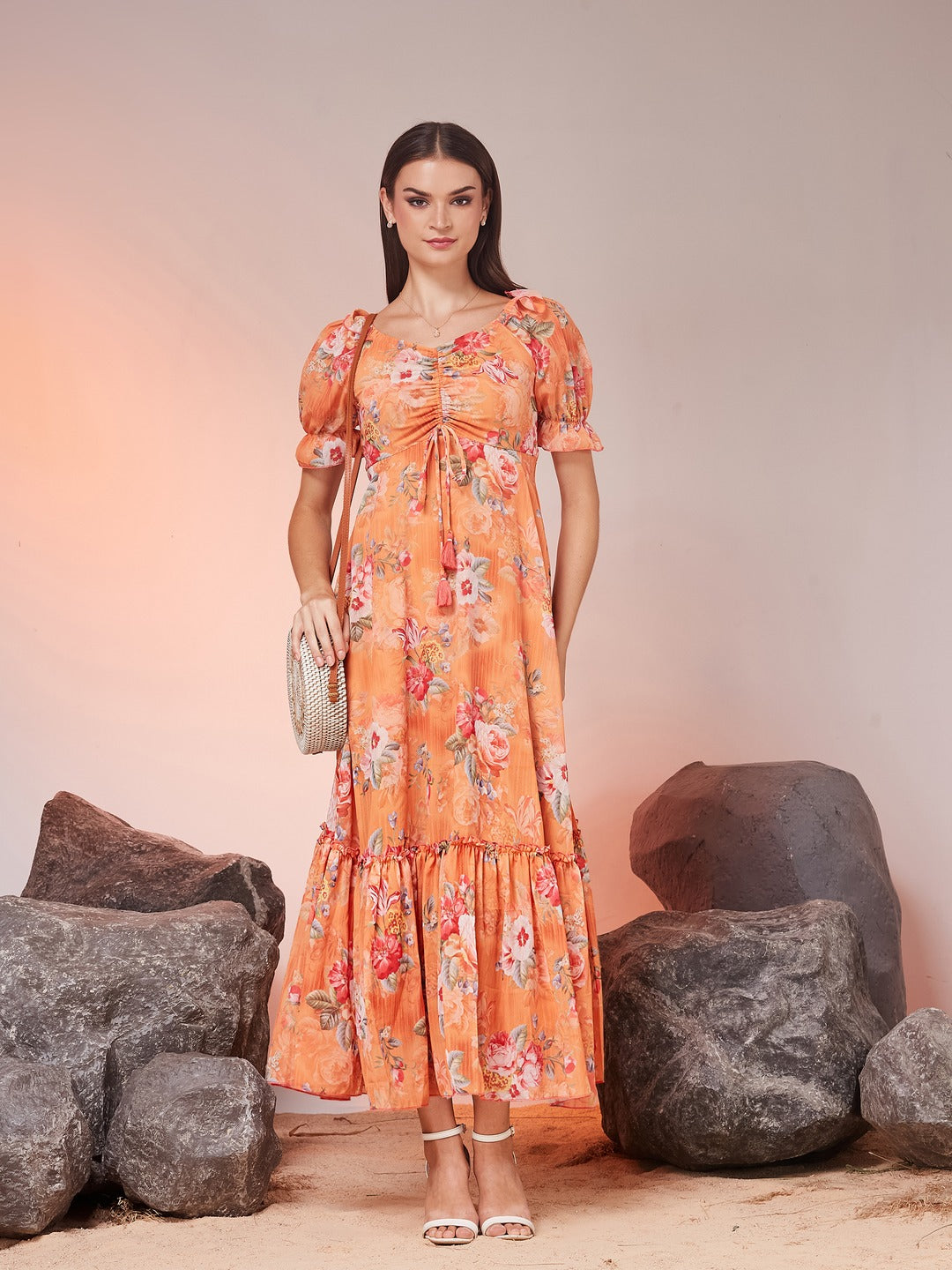 Orange V-Neck Puff Sleeve Floral Ruching Ankle-Length Dress for Women