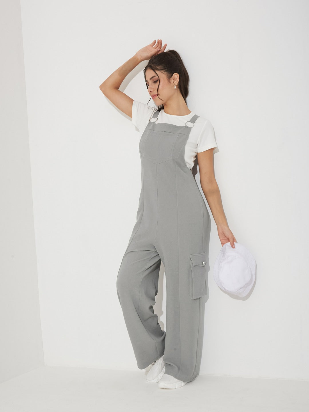 Grey Round Neck Half Sleeve Solid Regular Fit Polyester Dungaree Co-Ord Set for Women