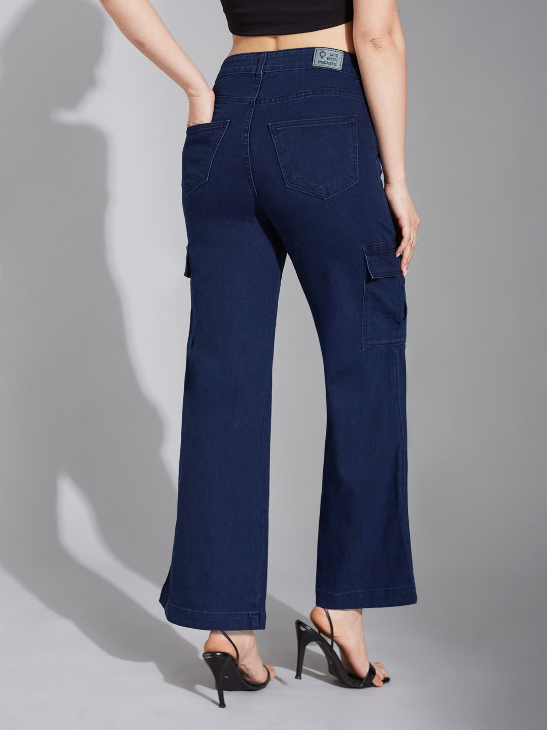 Navy Blue Wide-Leg High-Rise Stretchable Denim Cargo Jeans for Women