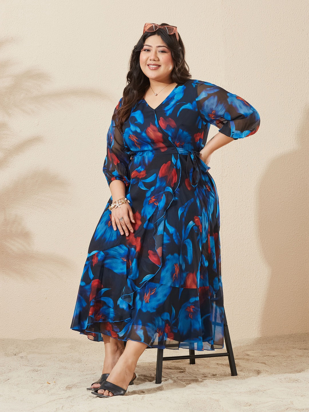 Black Floral V-Neck 3/4 Sleeve Wrap Chiffon Midi Dress for Women