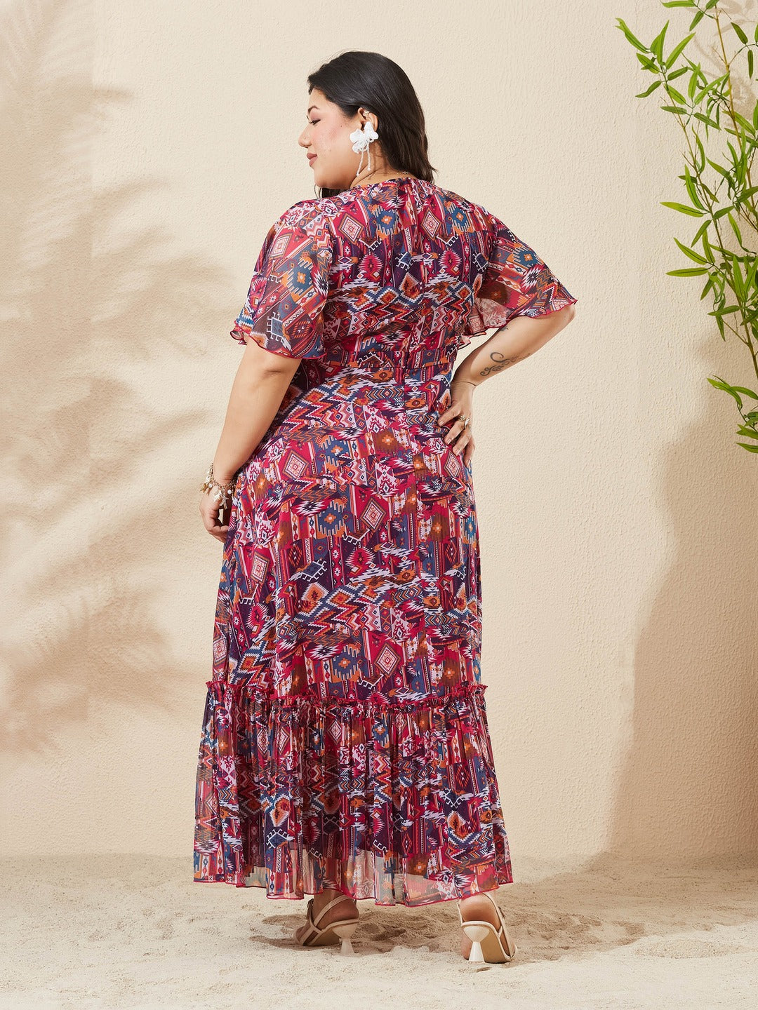 Floral V-Neck Flared Sleeve Wrap Chiffon Maxi Dress for Women